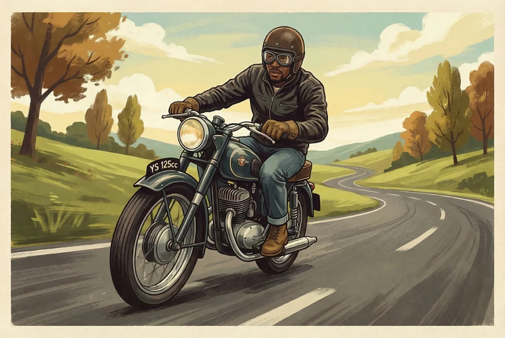 Image of a man riding a big bike down a winding road