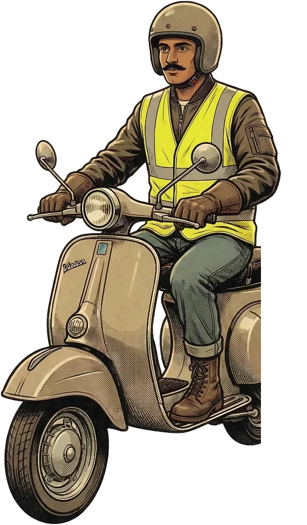 Image of a man riding a vespa scooter into the page