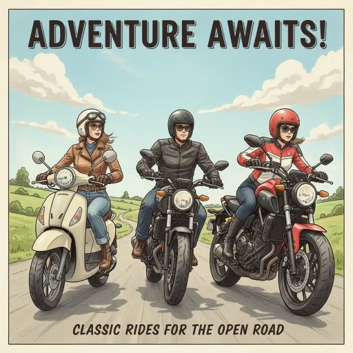 Illustration of three bikers riding through english countryside. A female on a scooter, amale on a small motorbike and a female on a big motorbike.