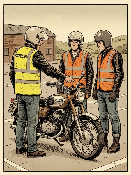 Image of an instructor talking to two trainees about the controls of a motorcycle standing between them.